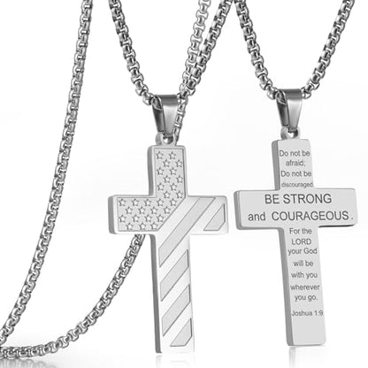 RWQIAN American Flag Cross Necklace for Men Bible Verse, Christian Religious Scriptures Faith Baptism 1st First Communion Pendant Chain for Boys, Fathers Dad Day Graduation Jewelry Gifts for Him - color: Silver, style: Joshua 1:9