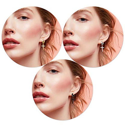 Men Women Stainless Steel Cross Earrings Set Dangle Hinged Earrings of Dangle Hinged Earrings Cross hoop Earrings - color: 3 Pairs Cross Earrings (Black+Silver+Gold) Large