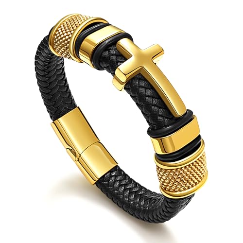 Black Cross Cuff Bracelet for Men, Philippians 4:13 Stainless Steel Braided Leather Bible Verse Jesus Bracelets Inspirational Faith Gift for Dad Brother Son Religious Baptism Confirmation Gifts - color: E-Gold Plated Cross, size: 8.3 Inches