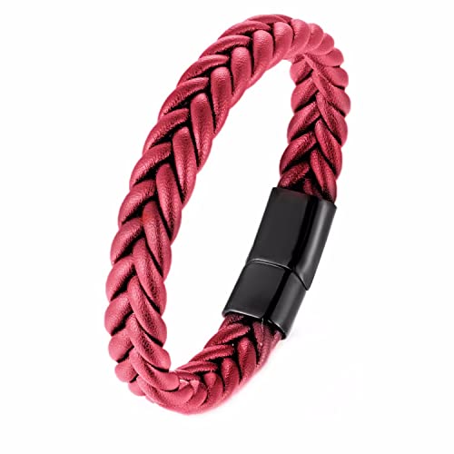 Handmade Braided Leather Bracelet, Black Stainless Steel Clasp, Mens, Cool Classic Stylish - color: Burgundy