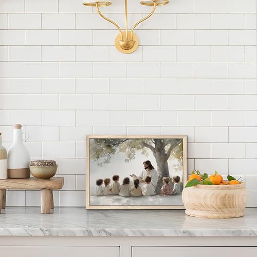Jesus With Children Wall Art, Christian Jesus Teaching Kids Wall Decor Paintings, Religious Bible Canvas Print Pictures for Nursery Kids Room Prayer Room Home Decor Wood Framed 8x10 Inch - color: Jesus E, size: 10"L x 8"W