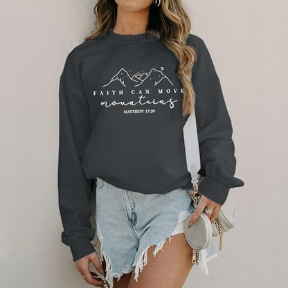 Pairxily Christian Sweatshirts for Women Faith Can Move Mountains Sweatshirt Bible Verse Religious Long Sleeve Crewneck Tops - color: Deep Gray, size: Small
