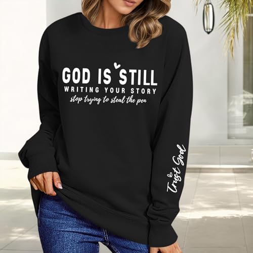 PAIEXILY Christian Crewneck Sweatshirts for Women God Faith Bible Verse Pullover Jesus Religious Long Sleeve Shirts Tops - color: Black, size: Medium