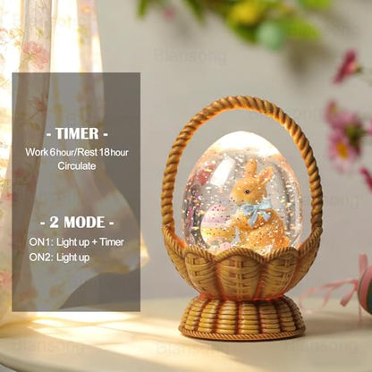 Easter Snow Globe Basket Easter Bunny Eggs Decorations Gifts Auto Snowfall Glitter Music Collection with 6H Timer USB/Battery Powered 6.4 Inch - color: Little Egg