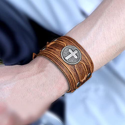 NIGHTCRUZ Wide Leather Bracelet with Cross, Medieval Leather Cuff Wristband for Mens - color: Brown