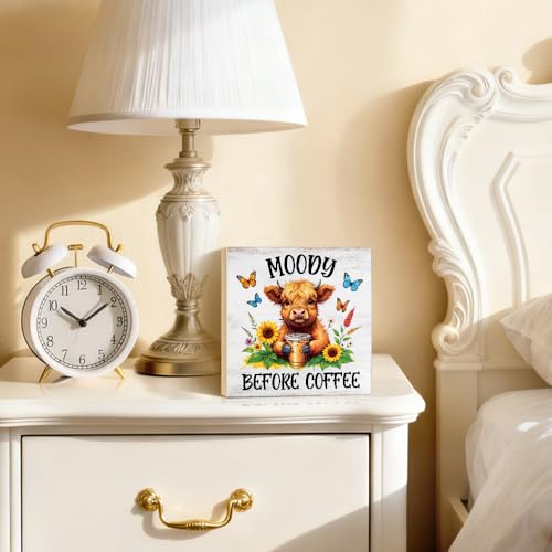 Moody Before Coffee Western Country Wood Block Plaque Box Sign - color: brown036