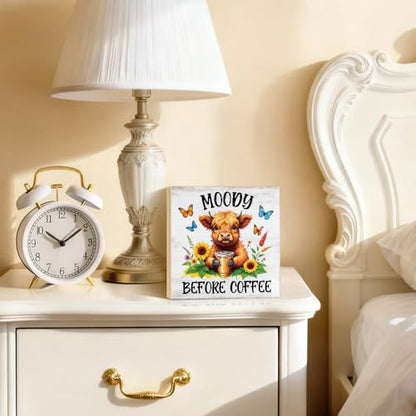 Moody Before Coffee Western Country Wood Block Plaque Box Sign - color: brown036