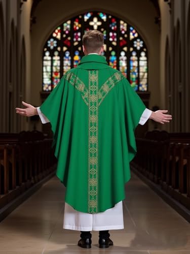 FAD-4U Church Catholic Priest Chasubles Vestments for Church Mass Vestments Robe with Stole - color: Green&gold