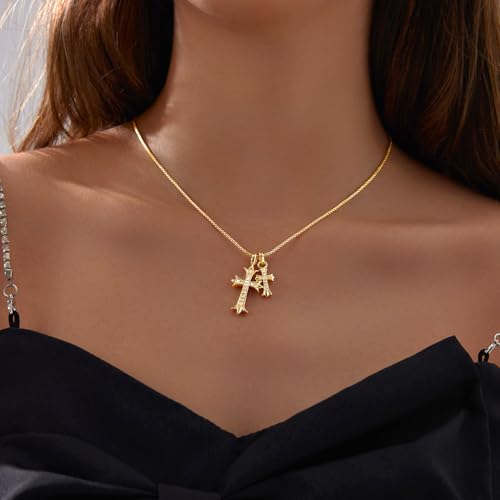 Zeffy Cross Necklace for Women,18K Gold/Silver Plated Tiny Cubic Zirconia Cross Pendant Necklace for Women Simple Layered Cross Necklaces for Women - color: Gold CZ Double Cross