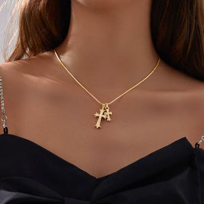 Zeffy Cross Necklace for Women,18K Gold/Silver Plated Tiny Cubic Zirconia Cross Pendant Necklace for Women Simple Layered Cross Necklaces for Women - color: Gold CZ Double Cross