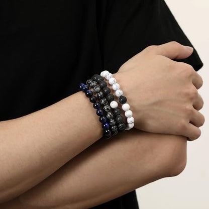 Mens Beaded Bracelets, 8MM Beaded Bracelets for Men, Natural Tiger Eye Bead Bracelet, Stretch Elastic Beads Bracelets for Men - color: 4 Snowflake Lapis Black Volcanic White