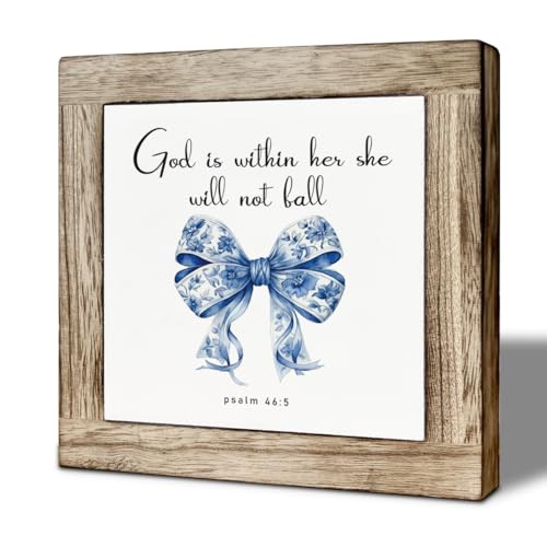 Christian Motivational Wooden Desk Decor Wooden Box Sign, God Is Within Her She Will Not Fall, Floral Bow Pattern Psalm 46:5 Desk Decor, Inspirational Farmhouse Bible Verse Sign - color: color18