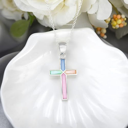 AeraVida Iridescent Cross of Faith Stone and Shell .925 Sterling Silver Necklace, 18 inch