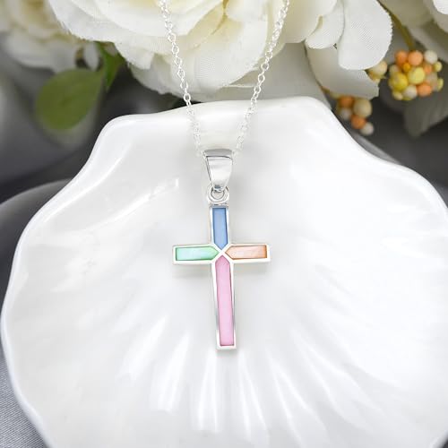 AeraVida Iridescent Cross of Faith Stone and Shell .925 Sterling Silver Necklace, 18 inch