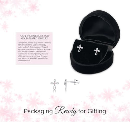 Cherished Moments Cross Earrings, .925 Sterling Silver or 14k Gold-Plated - color: SM Silver Pink