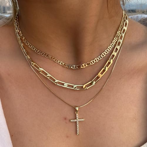 Cross Necklace for Women Stack 14K Gold/Silver Plated Layered Necklace - color: GD