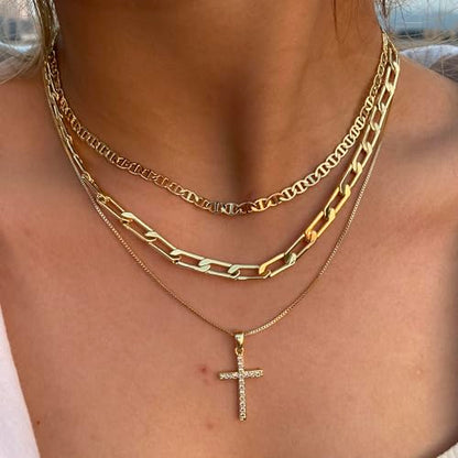 Cross Necklace for Women Stack 14K Gold/Silver Plated Layered Necklace - color: GD