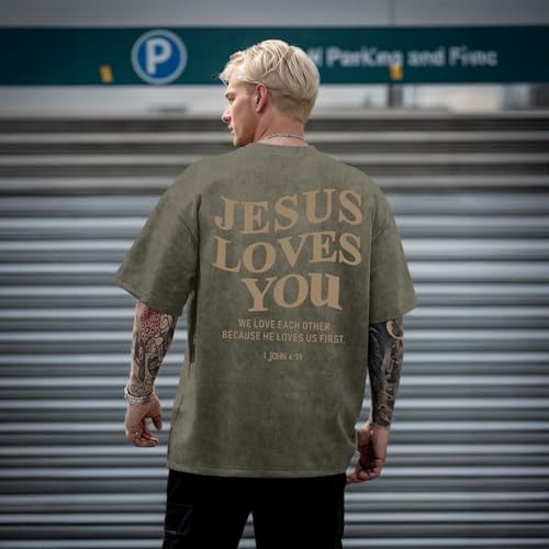 Mens Christian Shirts Jesus is King Love You Tshirt God Faith Religious Bible Verse Oversized Acid Wash Graphic Tees - color: Army Green, size: Small