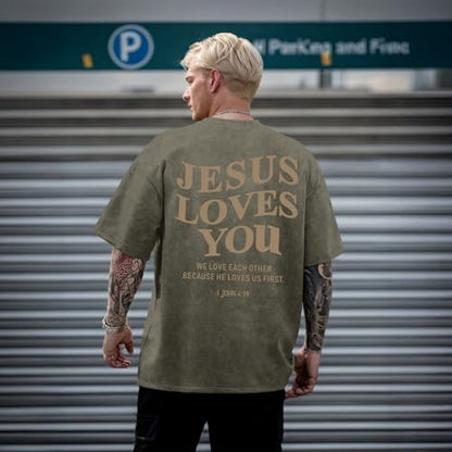 Mens Christian Shirts Jesus is King Love You Tshirt God Faith Religious Bible Verse Oversized Acid Wash Graphic Tees - color: Army Green, size: Small