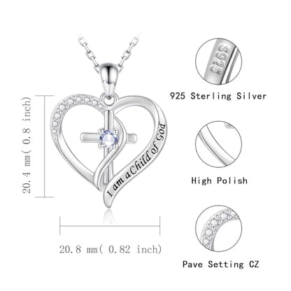 925 Sterling Silver I Am a Child of God Scripture Pendant with Birthstone Heart Cross Communion Necklace for Women Christian Faith Jewelry Gift - color: June
