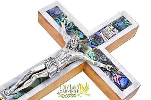 6 Inch Mother of Pearl Wall Crucifix Cross, Olive Wood Cross for Wall Covered with Mother of Pearl Made in the Holy Land