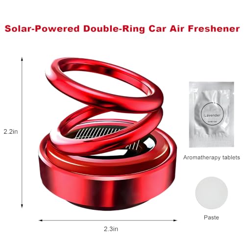 Solar Rotating Car Air Freshener, Solar-Powered Double Ring Auto Dashboard Aromatherapy Ornament, Refillable Rotating Aromatherapy Diffuser Dashboard Decor for Most Vehicles (Red)