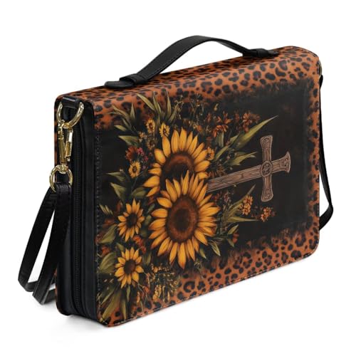 Book Covers Bible Covers for Women Men Large Size Bible Bag Tote - color: A Leopard Cross Sunflowers, size: XX-Large