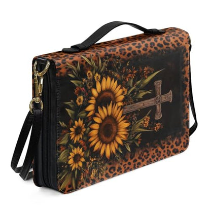 Book Covers Bible Covers for Women Men Large Size Bible Bag Tote - color: A Leopard Cross Sunflowers, size: XX-Large