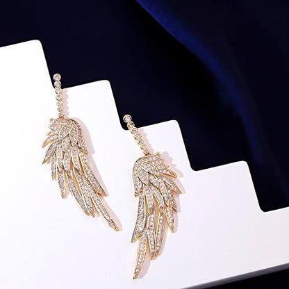 Crystal Cubic Zirconia Angel Wings Dangle Drop Earrings for Women Silver Rhinestone Guardian Angle Dangling statement Earrings gifts for Wife Mom Her - color: Gold