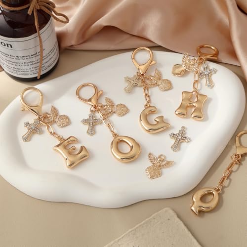 Snycler Bubble Initial Keychain Bag Charms for Women, A-Z Letter Keychain - color: Gold - Angel & Cross Initial