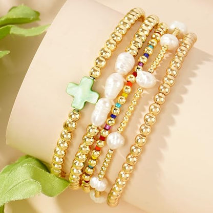 Gold Pearl Beaded Cross Bracelets Stack Set for Women, Boho Handmade Colorful Small Beads Stretchable Jewelry Friendship Summer Trendy Gift. - color: green