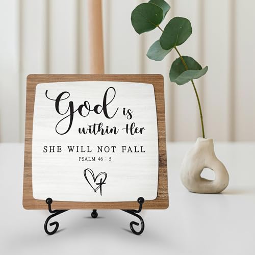 God Is Within Her Wooden Plaque, Christian Table Decor with Stand - color: God Is Within Her