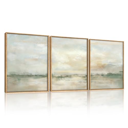 LHIUEM Abstract Green Gray Pastel Framed Canvas Wall Art,Neutral Landscape Wall Decor,Modern Watercolor Lake Artwork,Beige Textured Illustrations Art for Living Room,Bedroom,Office- 12"x16"x3 - color: Neutral Green Wall Art, size: 12''x16''x3