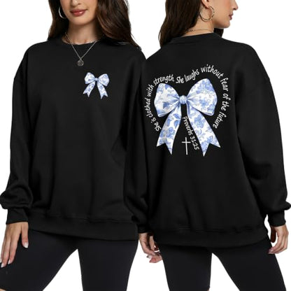 Bow Sweatshirt Christian Jesus Sweatshirts for Women Faith God Long Sleeve Shirts Bible Verse Graphic Pullover Gifts - color: Black, size: Medium