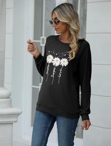 EADINVE Women Daisy Print Sweatshirts Crewneck Long Sleeve Pullover Tops - color: Black, size: Small