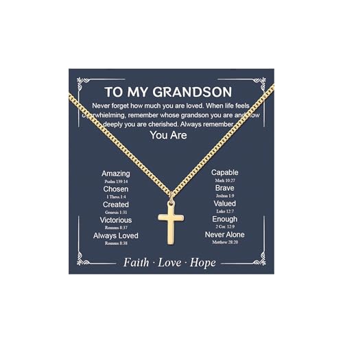 Small Cross Necklace for Boys Baptism Christmas Confirmation Valentines Easter Birthday Gifts to Teens Son Grandson Nephew - color: gold, style: Grandson