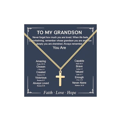Small Cross Necklace for Boys Baptism Christmas Confirmation Valentines Easter Birthday Gifts to Teens Son Grandson Nephew - color: gold, style: Grandson