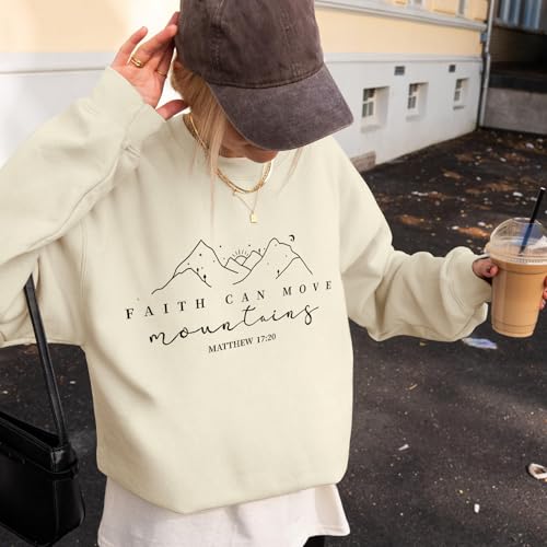 Pairxily Christian Sweatshirts for Women Faith Can Move Mountains Sweatshirt Bible Verse Religious Long Sleeve Crewneck Tops - color: Apricot, size: Large