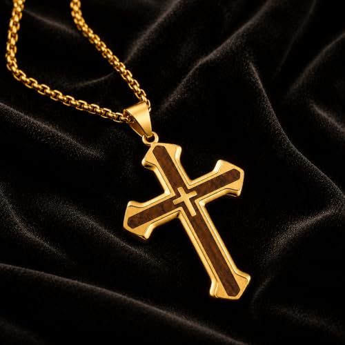 14K Gold Plated Wood Cross Necklace for Men Christian Pendant Jewelry - color: A04-Cross