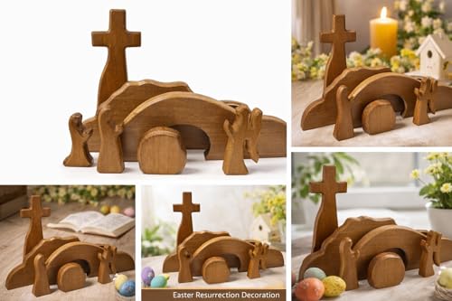 DZX The Empty Tomb Easter Scene and Cross, Wooden Easter Resurrection Scene Cross Jesus Tomb Tray Set, Jesus Nativity Scene Decor for Religious,Christian Gifts,Home Office Tabletop. (A)