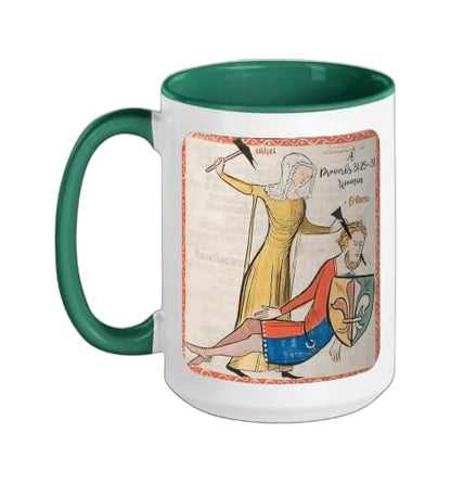 Proverbs 31 29 31 Woman Medieval Christian Art Design Ceramic Mug, Dark Green/White, 15oz - color: Dark Green/White, size: 15 Ounces