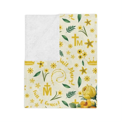 White Baby Blanket Baptism, Hail Mary Full Of Grace Yellow Floral Blanket For Catholic Babies & Adults, Baptismal Baby Gift, Marian Devotion, Velveteen Minky Blanket, Baby Girl Christian Gifts - color: #Ver16