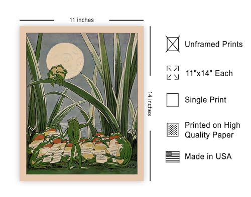 Monem Art Frogs Under The Moon Poster - Frog Print - Lunar Art - Toad Design - Lake Design - Grass Artwork - Humorous Decor - Funny Beach or Lake House Coastal Decor - 11x14 UNFRAMED - color: Frogs in Moon, size: 11"L x 14"W