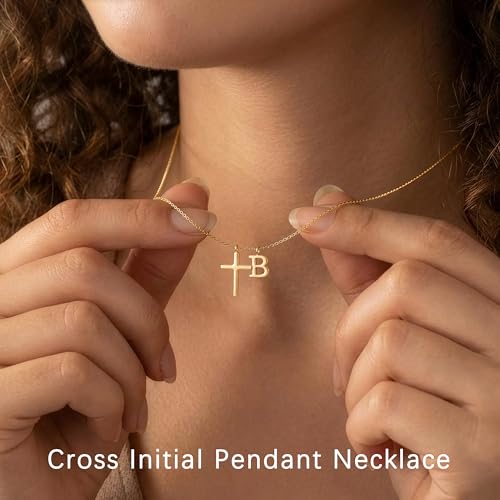 Cross Initial Necklace for Women, 14K Gold Plated Dainty Cross & Letter(A-Z) Pendant Necklace, Personalized Monogram Letter Christian Jewelry,Baptism First Communion Confirmation Easter Gift - color: B