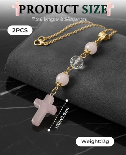 2PCS Crystal Cross for Car Mirror Hanging, Cute Healing Stones Car Rear View Charm Accessories Ornament for Sun Catcher