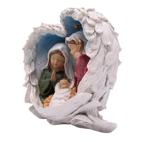 Wowser Nativity Scene Figurine with Angel Wings, Holy Family Christmas Decoration, Mary Joseph Baby Jesus Statue, Religious Holiday Tabletop Decor, 6.5 Inch Resin Keepsake Gift