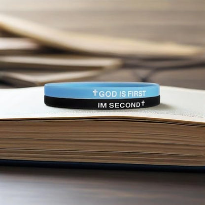 LIU JUN God Is First Bracelet, GOD IS FIRST IM SECOND Christian Rubber Bracelets Inspirational Engraved Bible Verses Cross Silicone Bracelet For Women Men Faith Gifts - color: blue-black