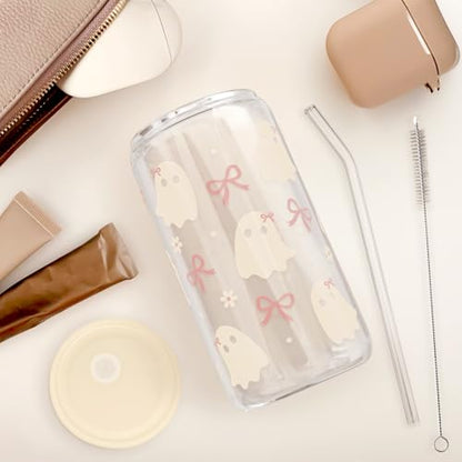 SANDJEST Halloween 16oz Can Glass Tumbler with Acrylic Lid & Straw, Iced Coffee Cup for Women Girls, Aesthetic Cups Gifts for Party - color: Boo