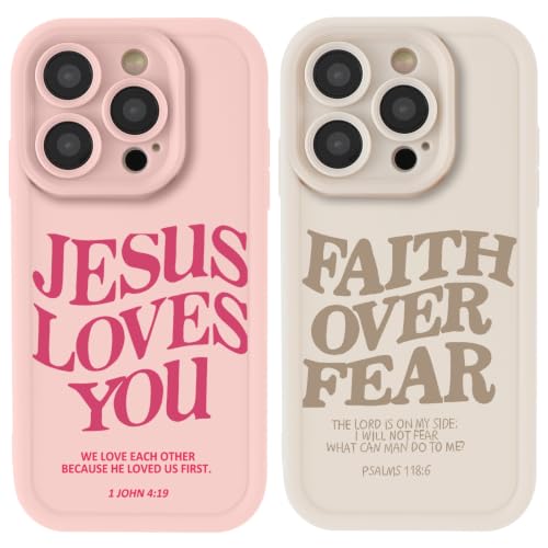 for iPhone 15 Pro 6.1'' 2 Pack Cute Christian Jesus Phone Case - color: Pink & Brown Jesus Faith Slogan, size: iPhone 15 Pro