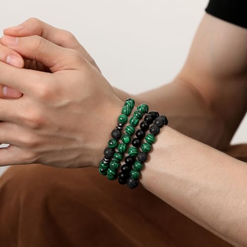 Mens Beaded Bracelets, 8MM Beaded Bracelets for Men, Natural Tiger Eye Bead Bracelet, Stretch Elastic Beads Bracelets for Men - color: 4 volcanic malachite black